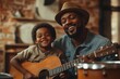 © Visual Prospects - Its a father-son collaboration. Shot of a happy father accompanying his young son on the guitar while he drums on a set of cooking pots, Generative AI