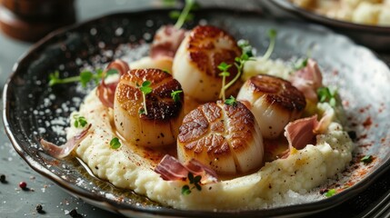 Wall Mural - Seared sea scallops with a creamy cauliflower puree and crispy prosciutto.