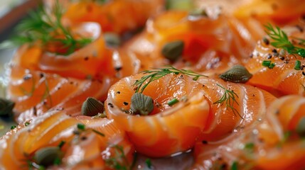 Wall Mural - Smoked salmon rosettes with capers and dill.