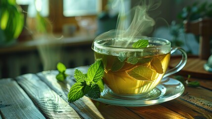 Steaming cup of green tea with fresh mint leaves.