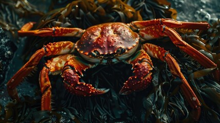 Succulent king crab legs on a bed of seaweed.