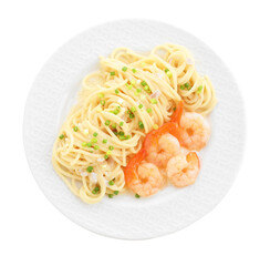 Wall Mural - Delicious pasta with shrimps and green onions isolated on white, top view