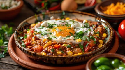 Wall Mural - Vibrant plate of huevos rancheros with refried beans.