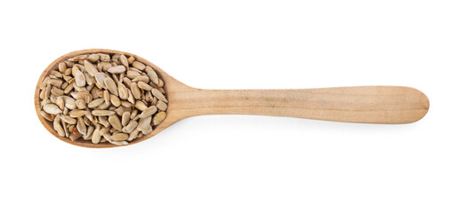 Canvas Print - Peeled sunflower seeds in wooden spoon isolated on white, top view