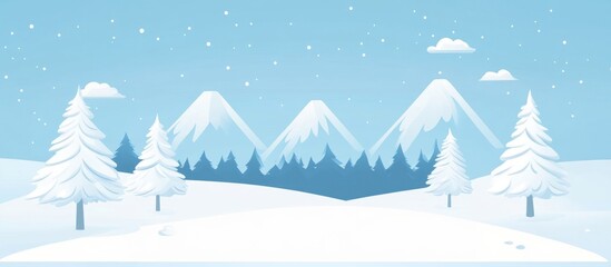Poster - A winter background with snow-capped mountains and trees, in a simple, flat vector style.