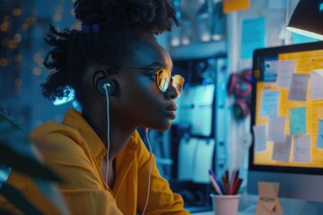 Poster - woman focused on work while wearing headphones, suitable for illustrations about modern workspaces o