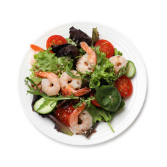 Wall Mural - Delicious shrimp salad with vegetables isolated on white, top view