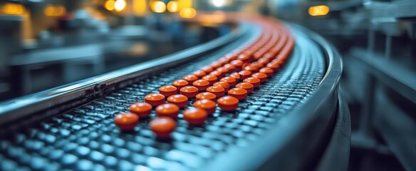 Wall Mural - pills gliding smoothly along a highspeed conveyor belt in a pharmaceutical facility highlighting the precision and efficiency of modern medicine production