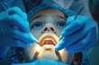 © Ева Поликарпова - A young girl sitting in a dentist's chair having her teeth checked