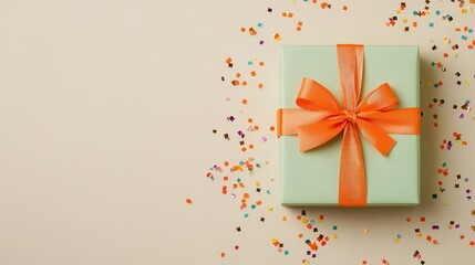 A wrapped gift box with an orange ribbon surrounded by colorful confetti.