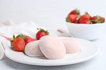 Sticker - Delicious mochi and strawberries on table, closeup