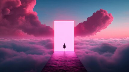Wall Mural - A figure standing on the edge of a shimmering, ethereal portal, their hand outstretched towards a blinding light, a chance to transcend their mortal limitations.