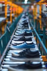 Poster - Line of shoes on a conveyor belt in a factory setting, suitable for use in industrial or manufacturing scenes