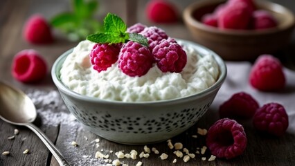 Sticker -  Deliciously fresh raspberries and whipped cream ready to be savored