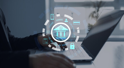 Poster - Online banking and digital marketing technology. Financial digital innovation technology. Finance and banking networking. Customer network connection and cyber security. 
