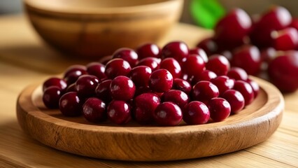 Wall Mural -  Fresh vibrant red berries on a wooden plate ready for a healthy snack