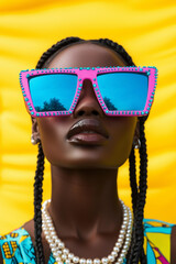 African American woman with braided hair, wearing neon pink and blue rectangular sunglasses with large reflective lenses. She is dressed in colorful attire featuring beads and pearls