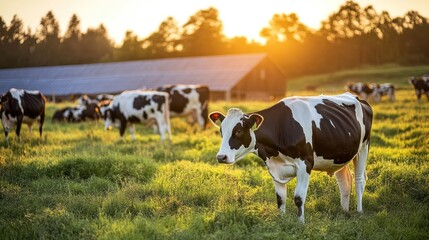 Canvas Print - Cows Grazing in a Farm Field at Sunset