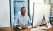 © peopleimages.com - Portrait, business and black man with pc, smile and pride with internet, network and online article. Face, consultant and journalist with computer, connection and website design for magazine editing