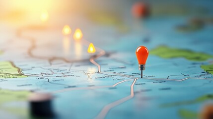 Poster - a dashed arrow connecting two locations on a map, indicating a possible route or path, on a light ba