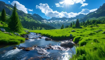 Wall Mural - Stunning Mountain Vista with Cascading Stream and Lush Meadows Under a Bright Blue Sky, Perfect for Nature Enthusiasts and Adventurers