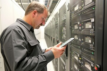 Poster - A person examining a smartphone in a data center or server room environment