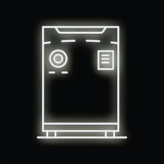 Poster - white glowing neon icon of a modern washing machine with a digital display, symbolizing laundry serv