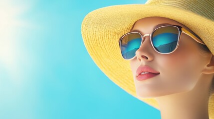 A young woman in a stylish sun hat and sunglasses enjoys a beach day.