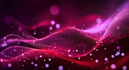 Poster - Abstract wave of pink glowing particles on a dark background, with a gradient from red to purple. Digital technology concept. Abstract digital design with a bokeh effect.