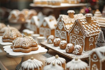 A collection of beautifully decorated gingerbread houses and cookies showcases festive designs and intricate icing, bringing a cozy winter atmosphere for the holiday season