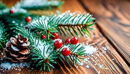 Wall Mural - Winter Wonderland: Festive Christmas Fir Tree Branches Adorned with Pine Cones and Snowflakes on Rustic Wooden Background