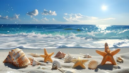 Wall Mural - Tranquil beach adorned with seashells and starfish, framed by azure ocean and bright sky, ideal for summer getaway vibes