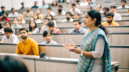 An Indian female professor giving a lecture to university students in a large lecture hall, emphasizing higher education