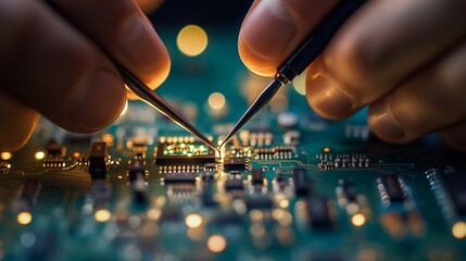 Close-up of hands using tweezers on a circuit board.