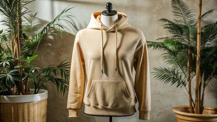 mockup blank beige hoodie with mannequin, beige background,