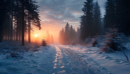 Wall Mural - Tranquil Winter Sunrise Illuminating a Snowy Paththrough a Misty Forest Landscape