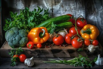 A wooden table featuring various vegetable varieties for meal preparation or display