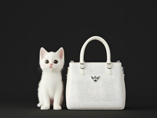 A playful white kitten stands next to a stylish white handbag against a dark background, creating a chic and adorable composition.