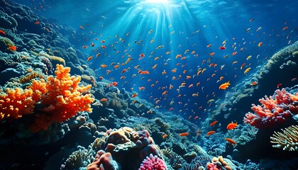 Wall Mural - Underwater Wonderland of Colorful Coral Reefs and Schools of Fish Bathed in Sunlit Ocean Depths