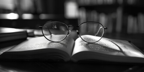 Poster - a pair of glasses sits atop an open book, suggesting study or reading