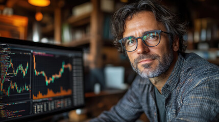 A man examines stock market graphs and charts on a computer in a warm, inviting workspace filled with books