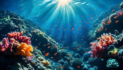 Wall Mural - Underwater Wonderland of Colorful Coral Reefs and Schools of Fish Bathed in Sunlit Ocean Depths