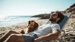 © Suphawan - A man lying on a sunbed, enjoying the sun with his dog resting beside him, at a peaceful beach spot.