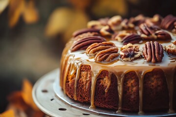 Delicious homemade cake with caramel sauce dripping and pecan nuts on top