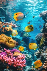 Wall Mural - A group of fish swim around a colorful coral reef, providing a glimpse into the underwater world