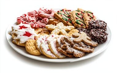 A festive assortment of holiday cookies arranged on a white plate, showcasing various shapes and decorations, ready for celebration