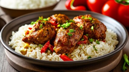 Wall Mural -  Deliciously seasoned meatballs on a bed of fluffy rice