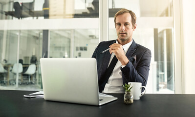 Aufkleber - Research, laptop and portrait with business man for policy, finance regulations and compliance officer. Broker, technology and communication with person at insurance company for risk management