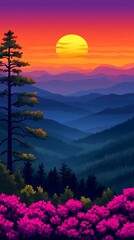 Canvas Print - Sunset over a mountain range with a single tree in the foreground.