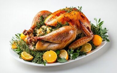 A beautifully roasted turkey with citrus garnishes and herbs, presented elegantly on a festive platter during a holiday gathering